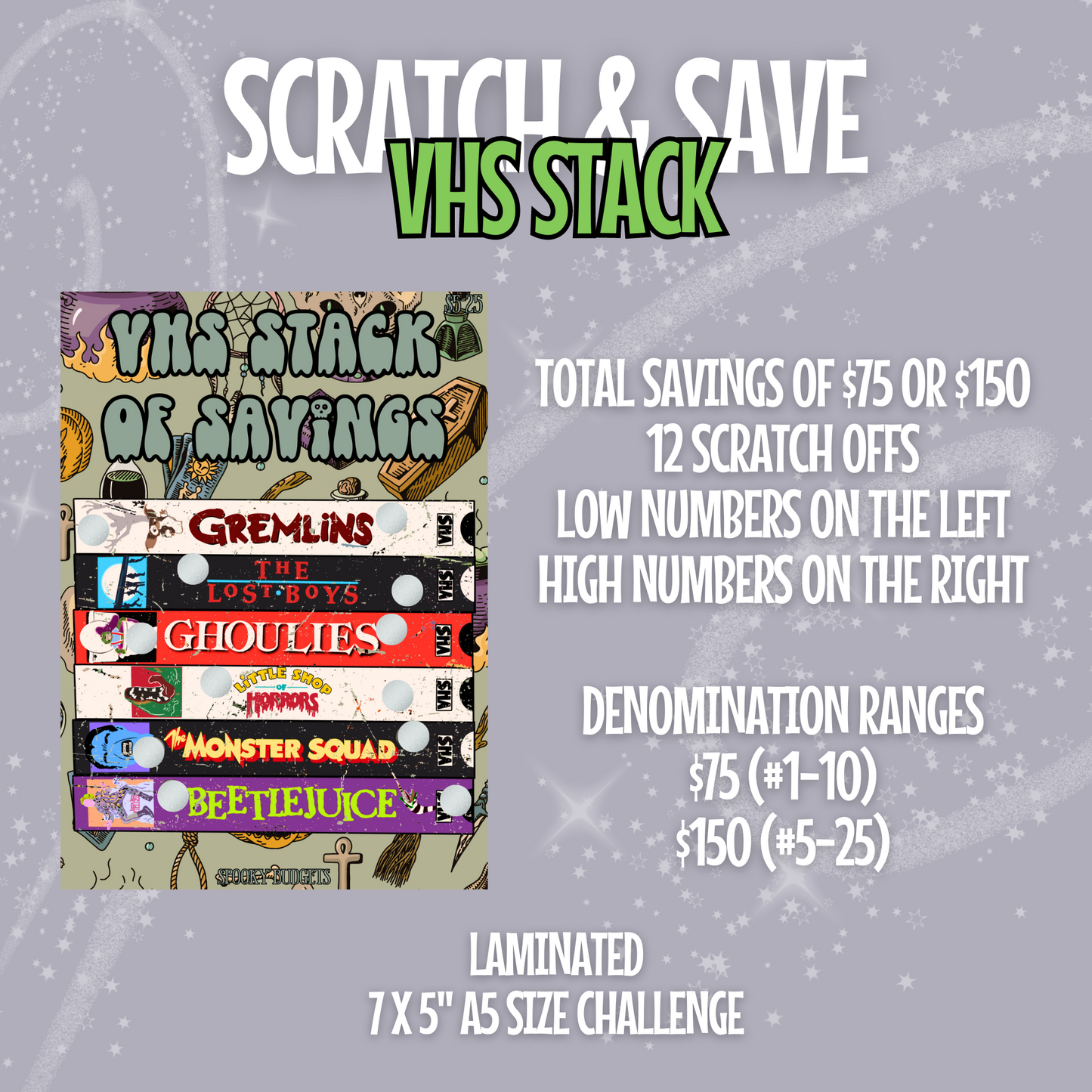 80s VHS Stack of Savings Scratch Off Adventure Halloween Romance Movies Challenge A5 5x7