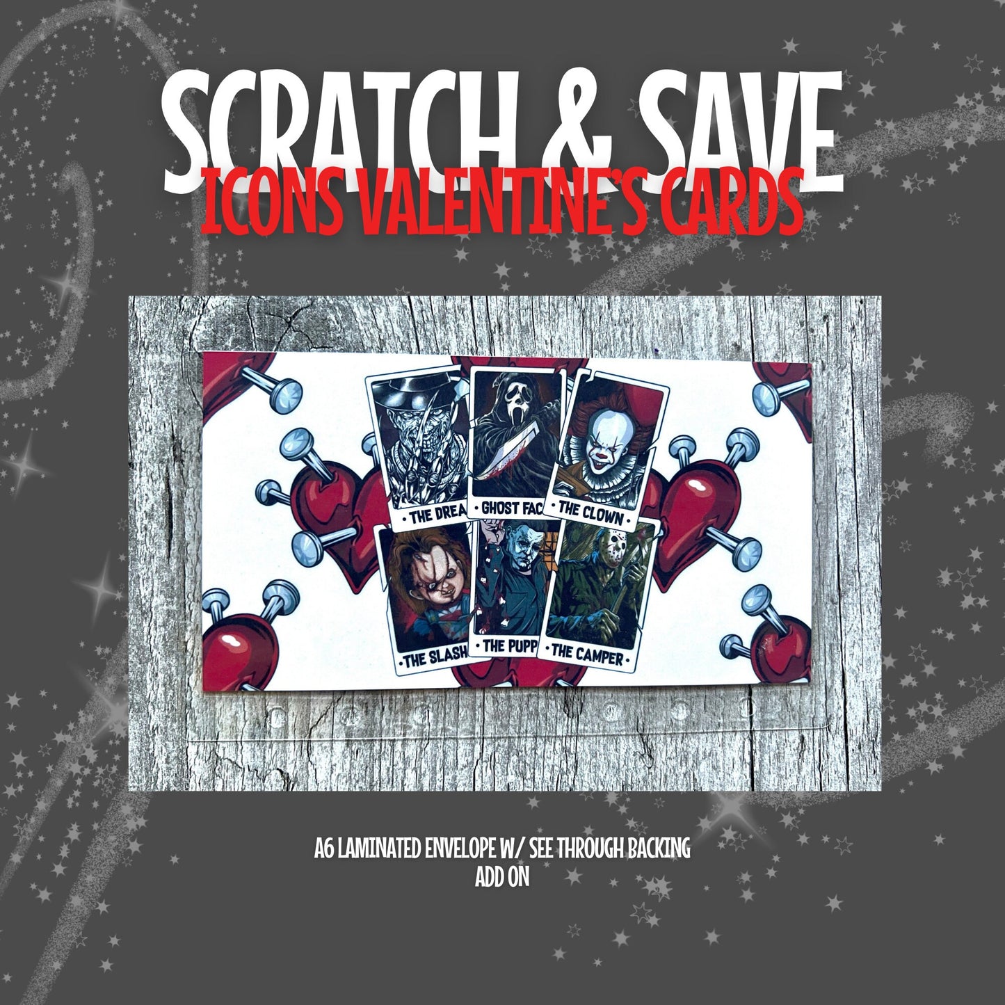 Spooky Icons Valentine's Day Card Deck Scratch Off Savings w/ Laminated A6 Envelope
