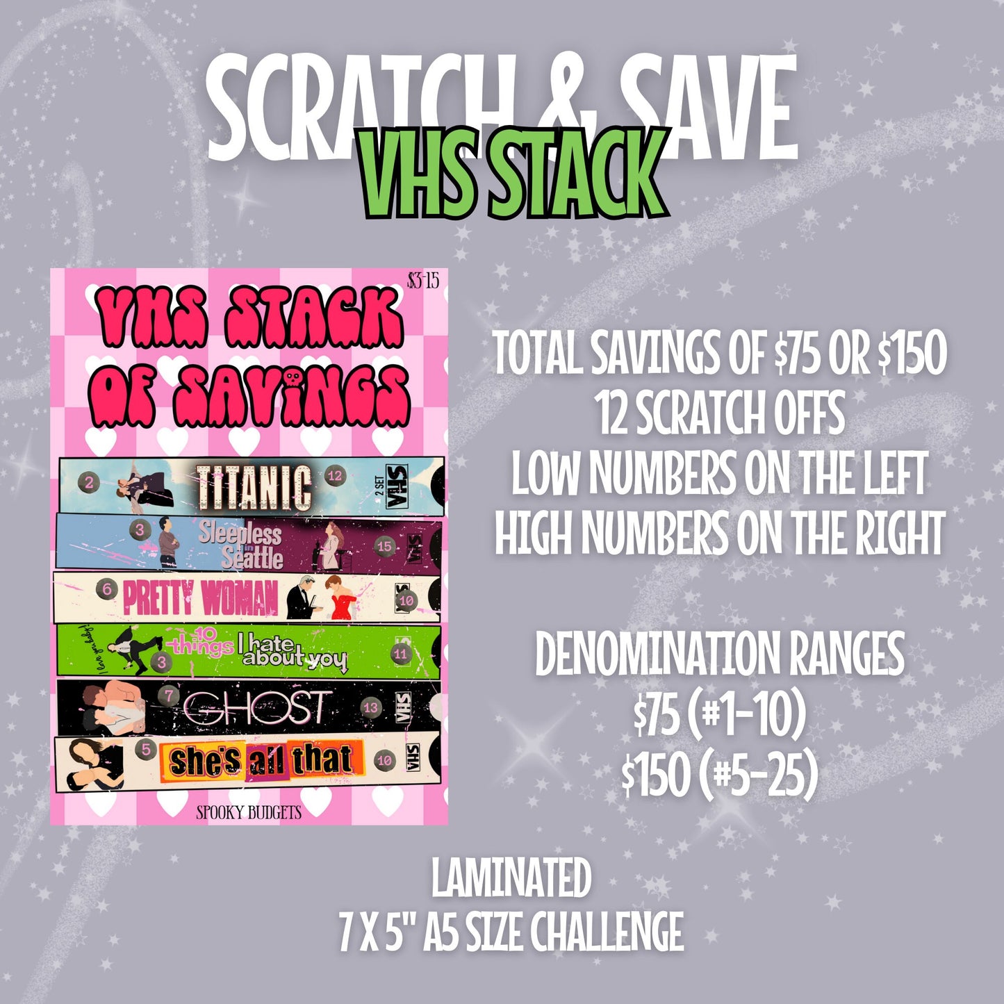 90s VHS Stack of Savings Scratch Off Halloween Romance Movies Laminated Challenge A5 5x7