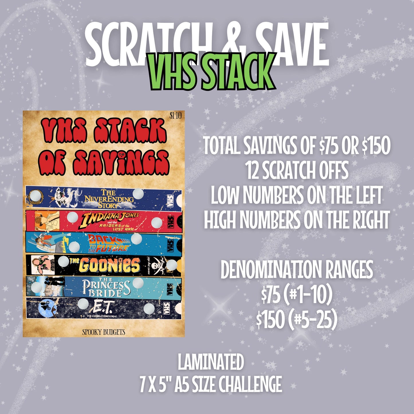 80s VHS Stack of Savings Scratch Off Adventure Romance Movies Laminated Challenge A5 5x7