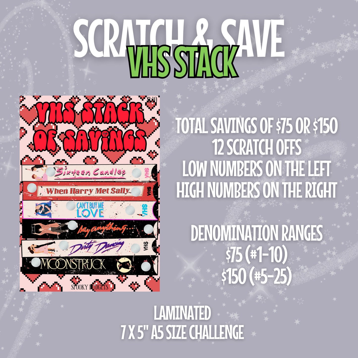 80s VHS Stack of Savings Scratch Off Adventure Romance Movies Laminated Challenge A5 5x7