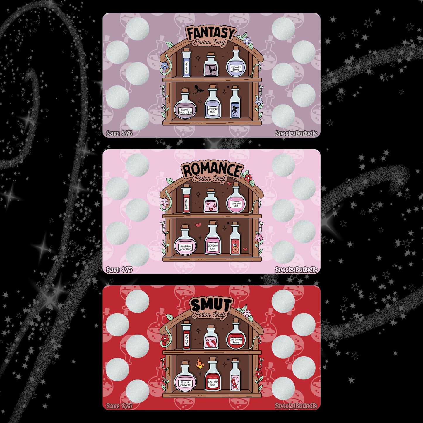 Bookish Potion Shelf Scratch & Save Cash Savings Challenge A6 A5 Laminated - Horror Sci-Fi Thriller Romance Smut Fantasy 75 Total Savings