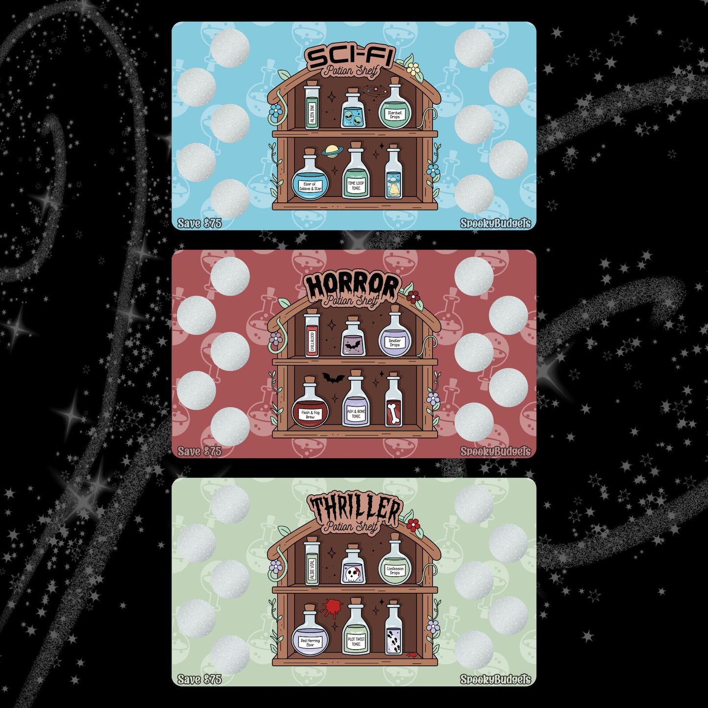 Bookish Potion Shelf Scratch & Save Cash Savings Challenge A6 A5 Laminated - Horror Sci-Fi Thriller Romance Smut Fantasy 75 Total Savings