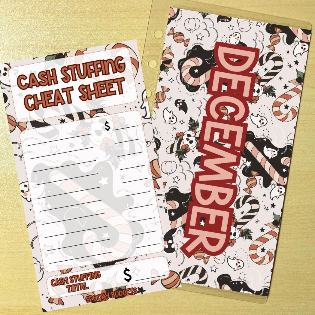 May include: Cash stuffing cheat sheet and December planner inserts. The cheat sheet has a red and white candy cane design with sections for listing expenses and a total. The planner insert features a similar design with the word 'December' prominently displayed in red. Both are printable and designed for personal finance organization.