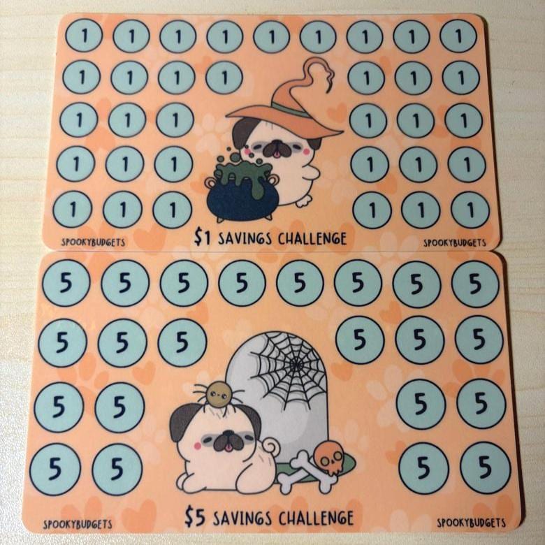 Spooky Pug Savings Challenge Laminated A6 1s 5s Denomination Savings