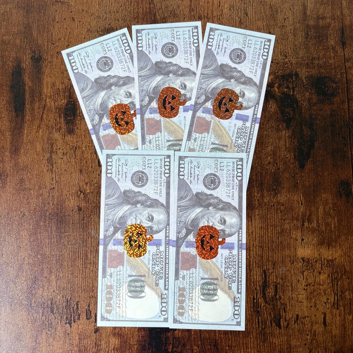 Holo Halloween Prop Bills for Cash Stuffing 100 Dollar Set of 5