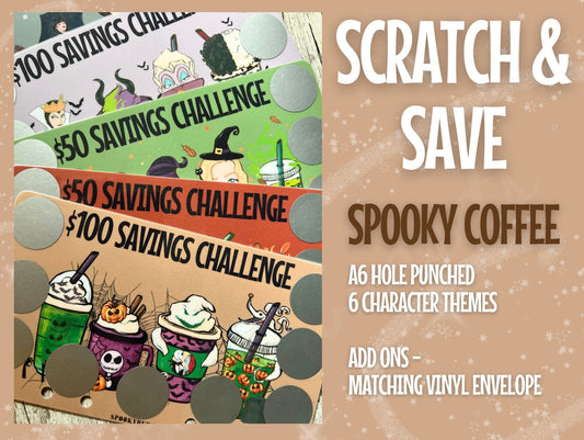 Spooky Coffee Scratch Off Savings Character Themed 50/100 Savings Set of 2