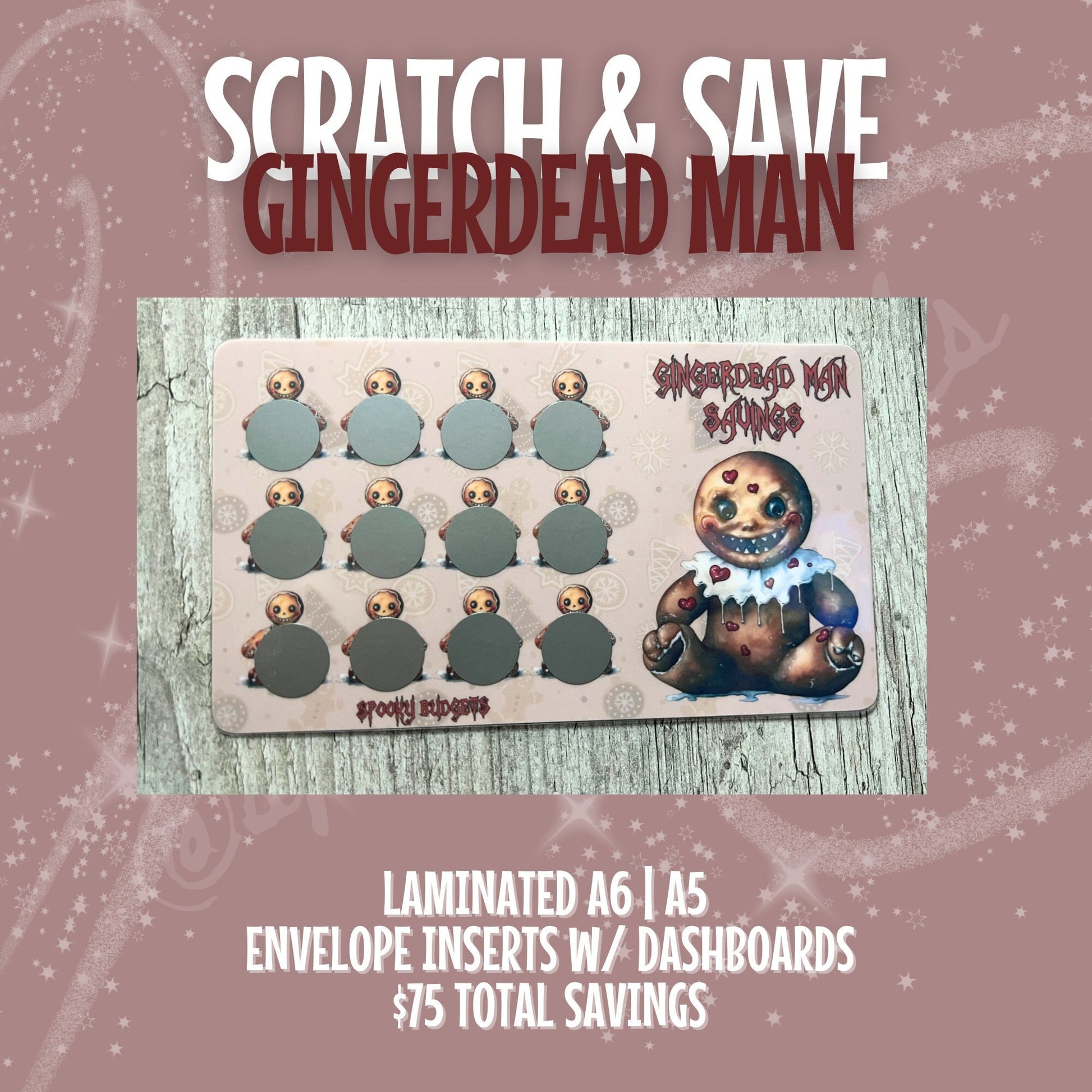 Gingerdead Man Scratch & Save Laminated Challenge w/ Dashboard A6 A5 75 Dollar Total Savings