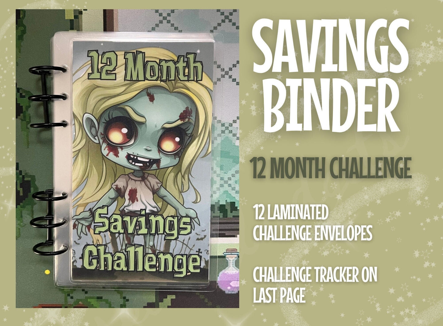 Zombella 12 Month Savings Challenge Cute Zombie Girls Cash Stuffing A6 Binder 500+ Total Savings