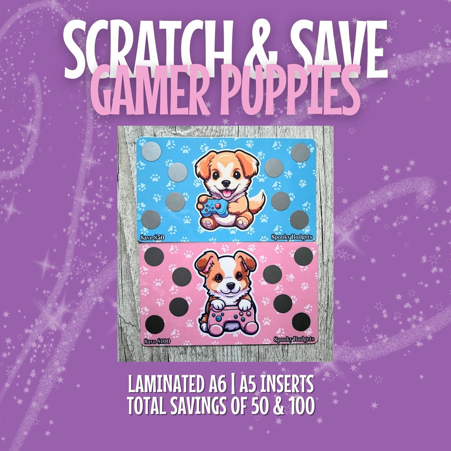 Gamer Puppies Scratch & Save Cash Savings Challenge A6 A5 Laminated