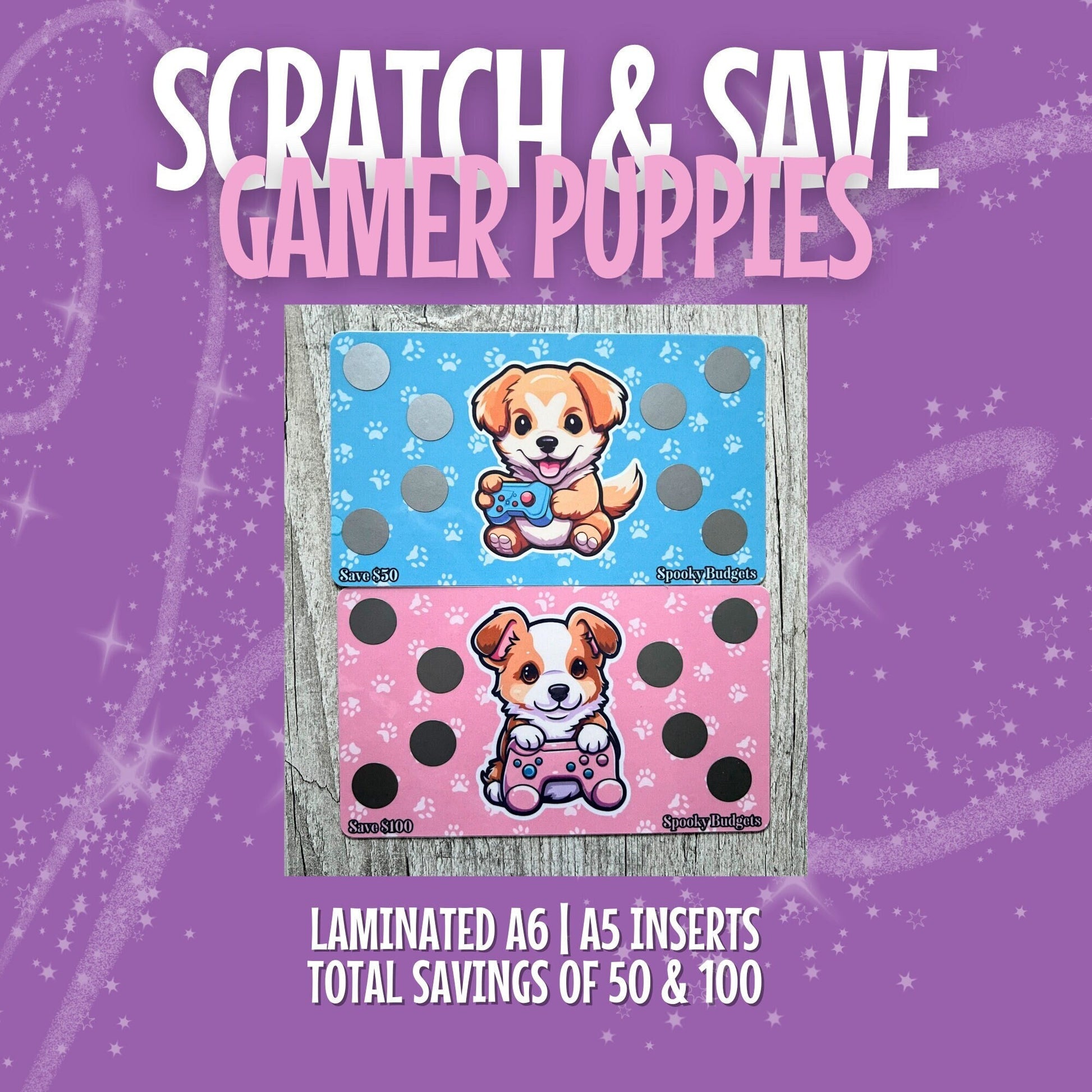 Gamer Puppies Scratch & Save Cash Savings Challenge A6 A5 Laminated