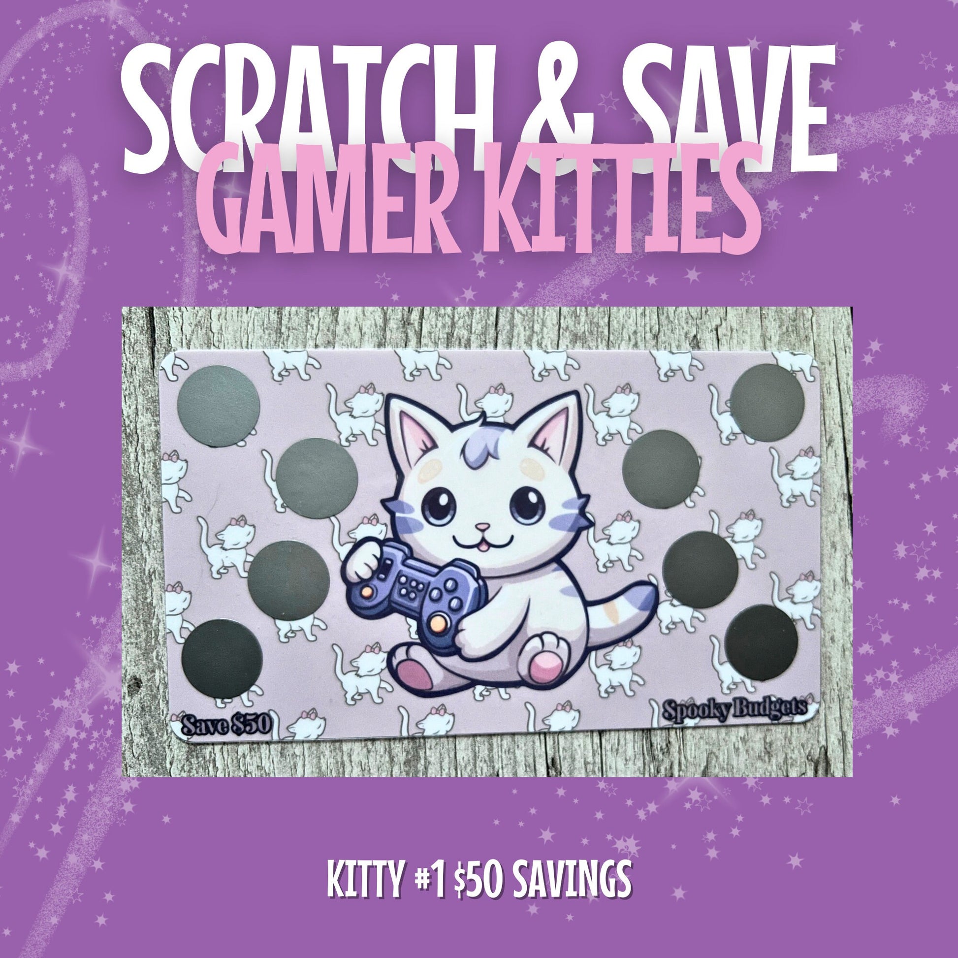 Gamer Kitties Scratch & Save Cash Savings Challenge A6 A5 Laminated