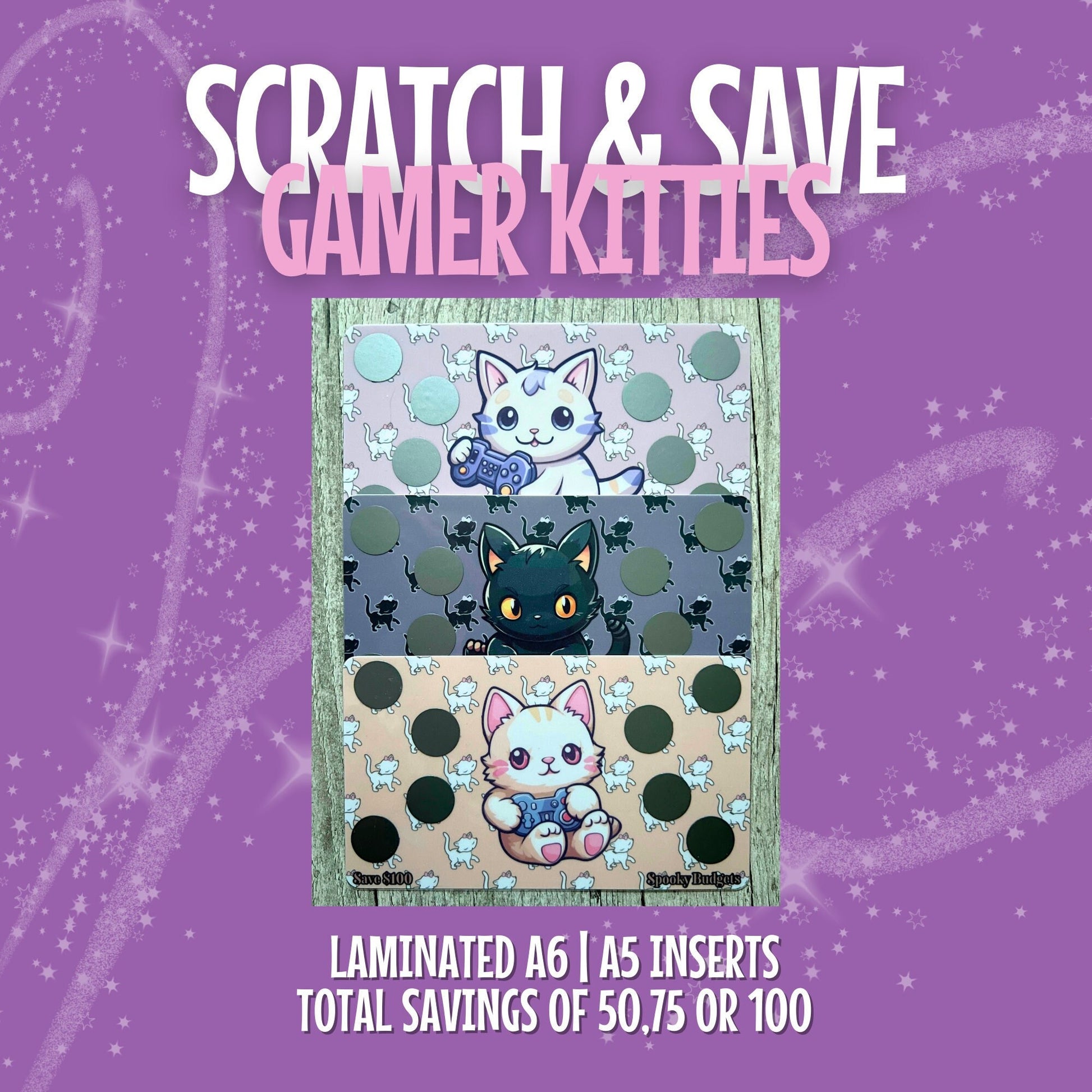 Gamer Kitties Scratch & Save Cash Savings Challenge A6 A5 Laminated