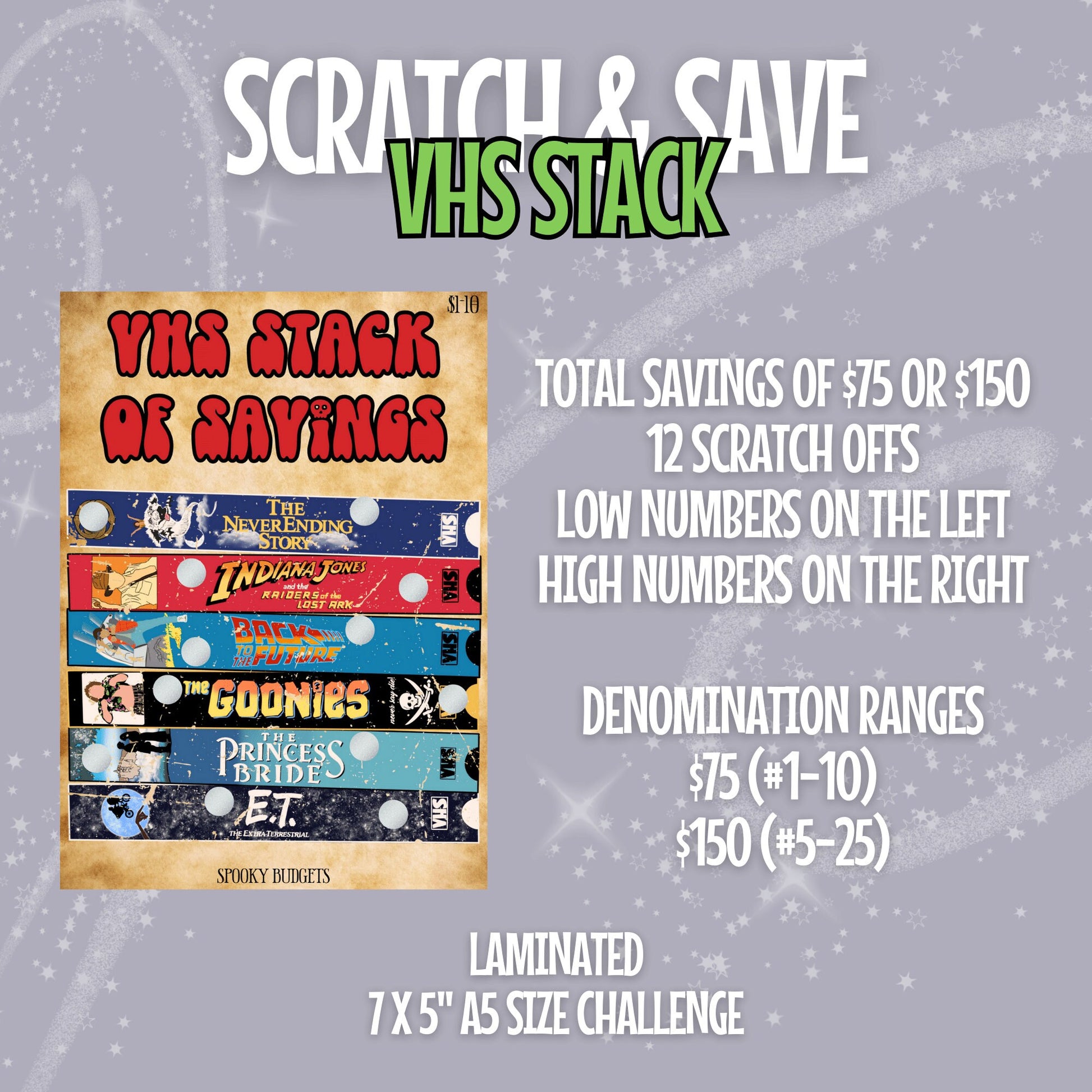 80s VHS Stack of Savings Scratch Off Adventure Romance Movies Laminated Challenge A5 5x7