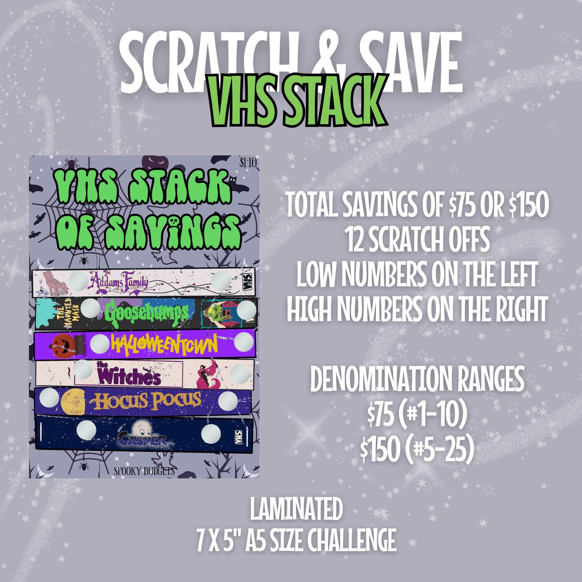 90s VHS Stack of Savings Scratch Off Halloween Romance Movies Laminated Challenge A5 5x7