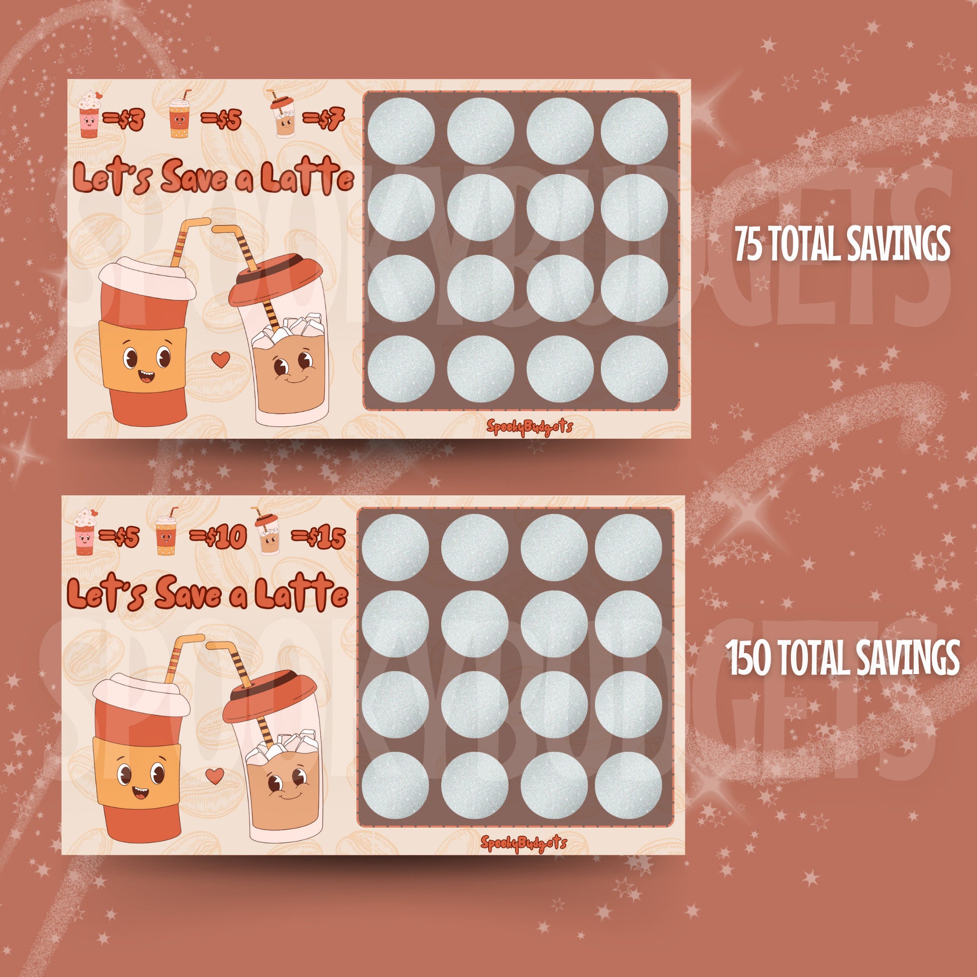 Let's Save a Latte Scratch & Save Cash Savings Challenge A6 A5 Laminated 75+, 150+ Total Savings