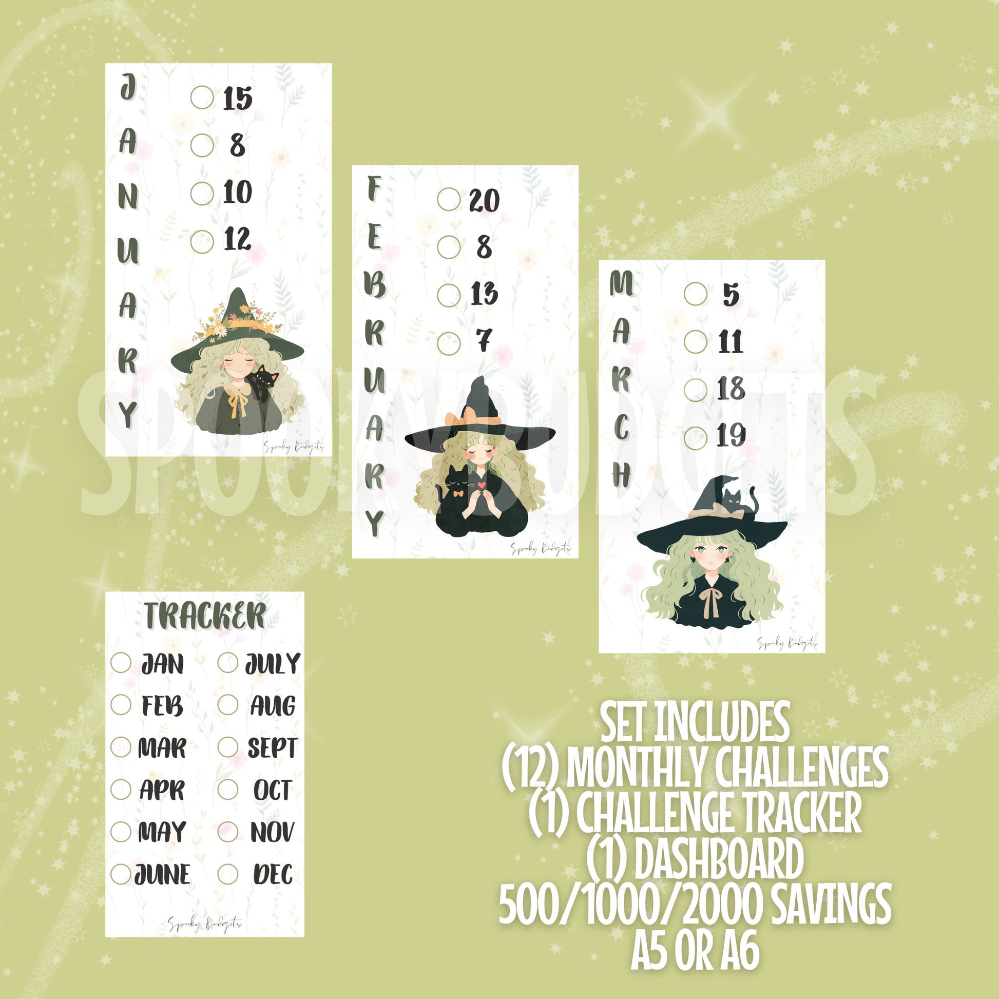 Cozy Witch 12 Month Savings Challenge Set 500,1000,1500 Savings A5 A6