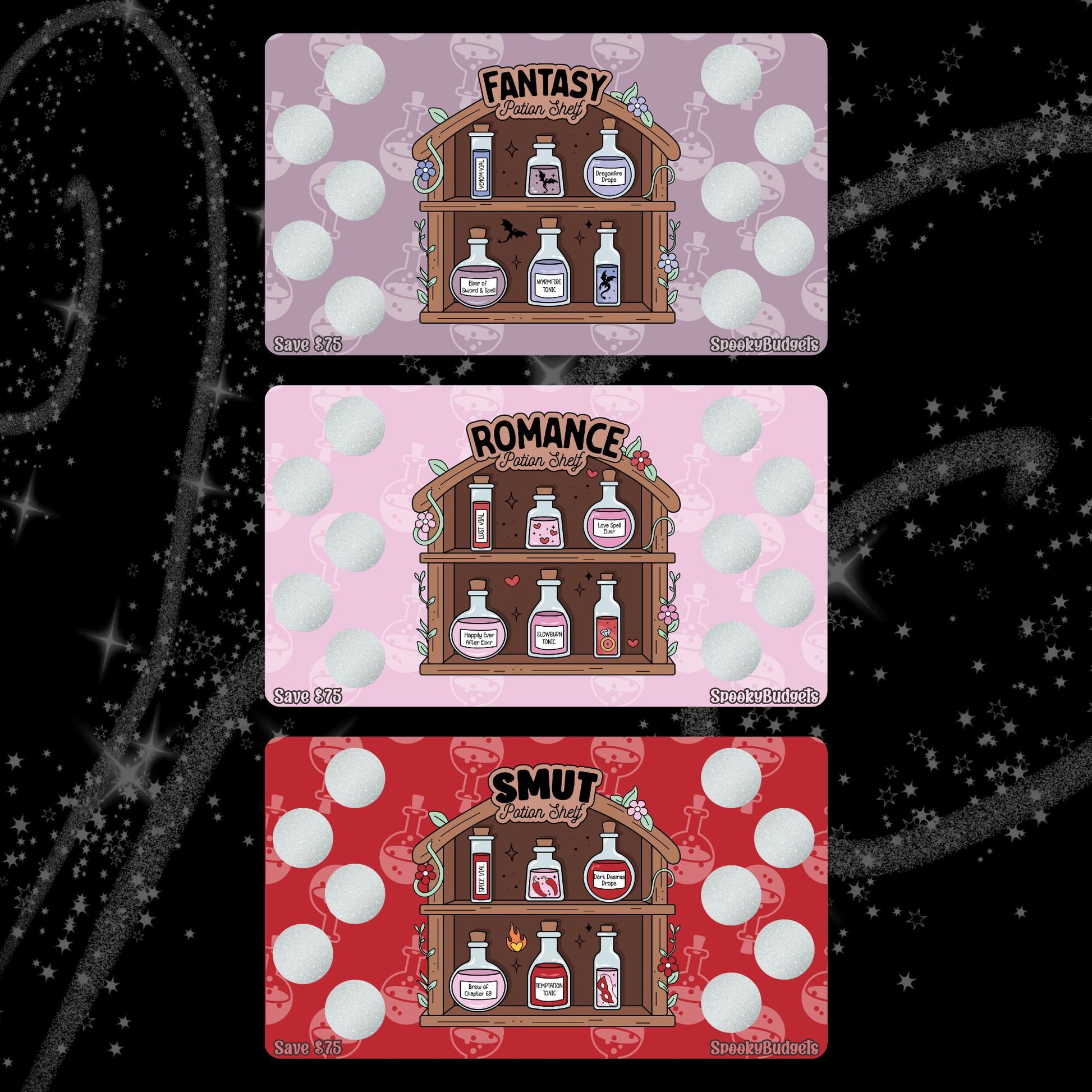 Bookish Potion Shelf Scratch & Save Cash Savings Challenge A6 A5 Laminated - Horror Sci-Fi Thriller Romance Smut Fantasy 75 Total Savings