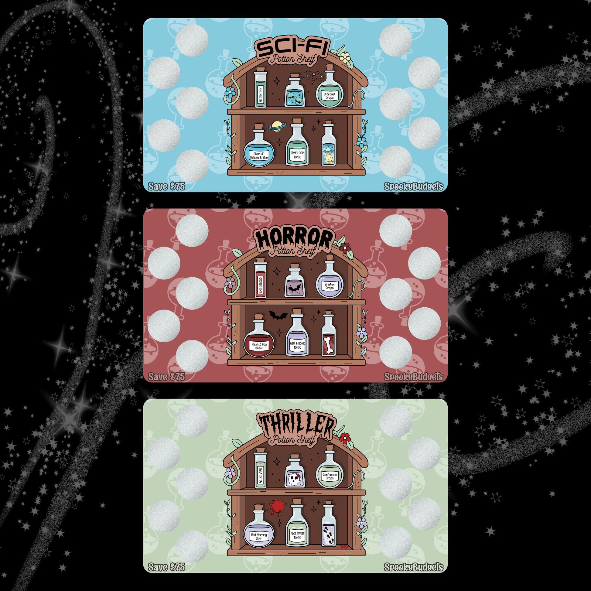 Bookish Potion Shelf Scratch & Save Cash Savings Challenge A6 A5 Laminated - Horror Sci-Fi Thriller Romance Smut Fantasy 75 Total Savings