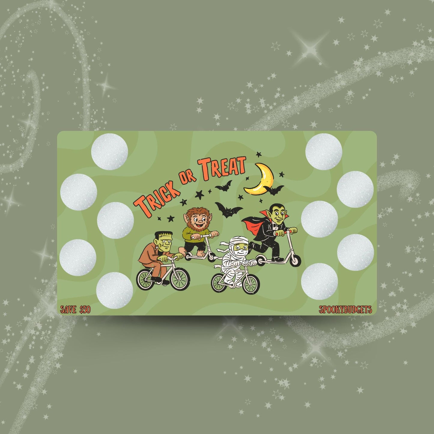 Trick or Treat Monsters Scratch & Save Challenge A6 Laminated 50,80Total Savings w/ Envelope Add on