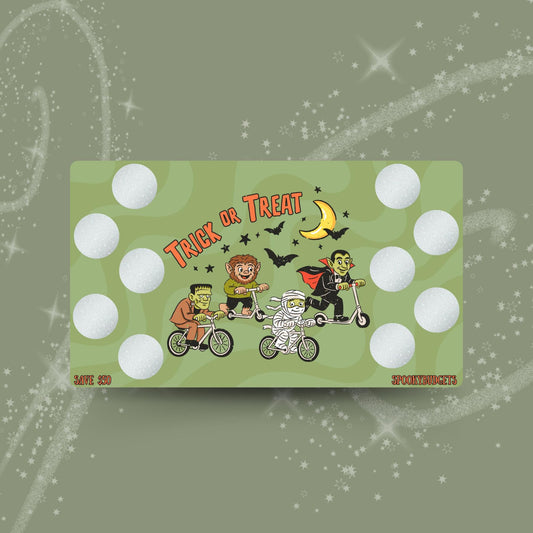 Trick or Treat Monsters Scratch & Save Challenge A6 Laminated 50,80Total Savings w/ Envelope Add on