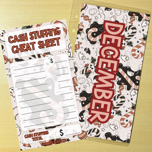 May include: Cash stuffing cheat sheet and December planner inserts.  The cheat sheet has a red and white candy cane design with sections for listing expenses and a total. The planner insert features a similar design with the word &#39;December&#39; prominently displayed in red. Both are printable and designed for personal finance organization.