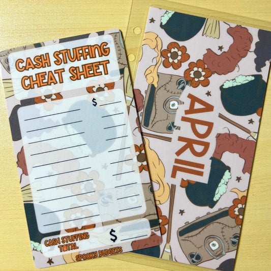 May include: A cash stuffing cheat sheet with a floral design. The cheat sheet is a printable document with a list of categories and spaces to write in amounts. The sheet is labeled &#39;Cash Stuffing Cheat Sheet&#39; and has a floral design with the word &#39;April&#39; in the center.