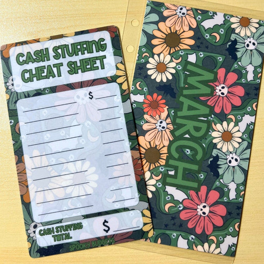 May include: A cash stuffing cheat sheet with a floral design. The cheat sheet is a printable sheet with lines for writing down amounts of money. The sheet has the words &#39;Cash Stuffing Cheat Sheet&#39; at the top and the words &#39;Cash Stuffing Total&#39; at the bottom. The floral design is green, pink, and white. The sheet is next to a floral calendar with the word &#39;March&#39; in green letters.