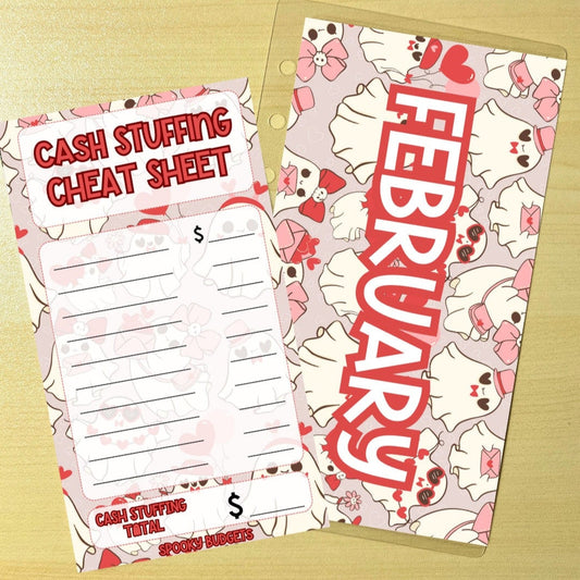 May include: A cash stuffing cheat sheet printable with a pink and white pattern of cartoon ghosts with bows. The sheet has a section for listing cash amounts and a section for calculating the total. The sheet also has the text &#39;Cash Stuffing Cheat Sheet&#39; and &#39;February&#39;.