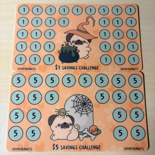 Spooky Pug Savings Challenge Laminated A6 1s 5s Denomination Savings