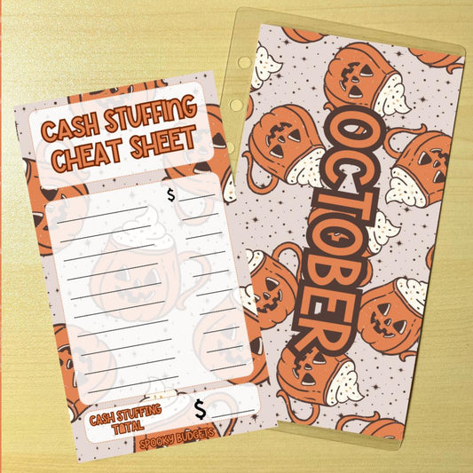 May include: A printable cash stuffing cheat sheet with a Halloween theme. The cheat sheet is a white sheet with black lines and a section for writing the cash stuffing total. The sheet has a pumpkin and a cup of coffee with whipped cream and a pumpkin face on it. The sheet has the words &#39;Cash Stuffing Cheat Sheet&#39; and &#39;October&#39;.