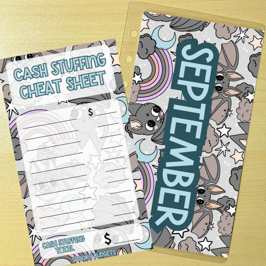 May include: A printable cash stuffing cheat sheet with a gray and white bat and rainbow pattern. The cheat sheet has a section for listing cash stuffing items and a section for totaling the amount. The text on the cheat sheet reads &#39;Cash Stuffing Cheat Sheet&#39; and &#39;Cash Stuffing Total&#39;. The month of September is written in blue text on a separate sheet with the same bat and rainbow pattern.